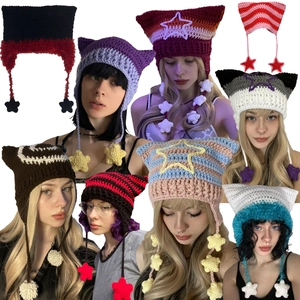 Cat Ear Knitted Beanie Devil Horn Crochet Winter Warm Hat With Star Tassel Y2K Style For Women