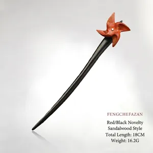 Handcrafted 18cm wood windmill hair pin made of red and black sandalwood with 4-blade design
