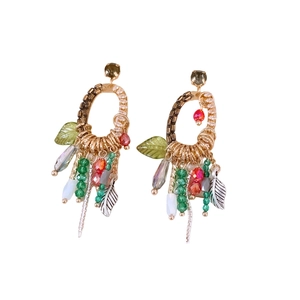 Ethnic bohemian hollow leaf drop earrings with colorful beads and vintage gold tassels