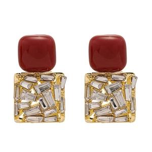 Vintage Ankara red acrylic rhinestone square stud earrings with gold metal frame