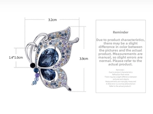 Detail showing butterfly brooch dimensions with blue crystal and silver plating