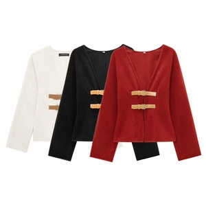 Women's Vintage V-Neck Short Blended Woolen Jacket With Leather Buckle Long Sleeve Solid Color Casual Outerwear Top