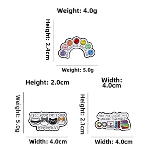 Detailed size and weight specs for enamel mood pins with various artistic designs
