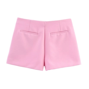 Detailed back view of pink high-waisted skort featuring symmetrical welt pockets