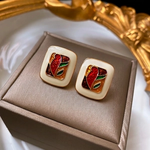 Vintage oil painting style square enamel earrings with colorful floral art and gold finish