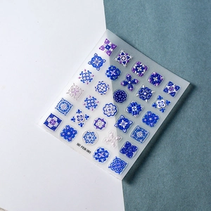 5D embossed nail stickers featuring blue Bohemian Moroccan retro tile patterns