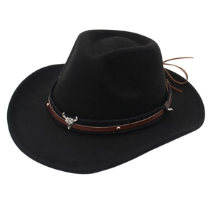 Black wool felt western cowboy hat with vintage silver bull head metal accessory