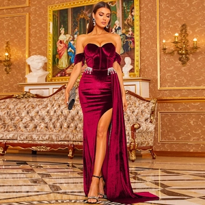 Burgundy Velvet Evening Dress Off Shoulder High Slit Rhinestone Fringe Elegant Luxury Party Banquet Long Gown For Women