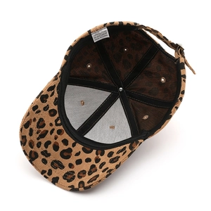 Interior view of leopard print corduroy baseball cap with 100% cotton wash label