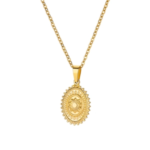 Vintage gold stainless steel sunburst oval pendant necklace for women with classic chain