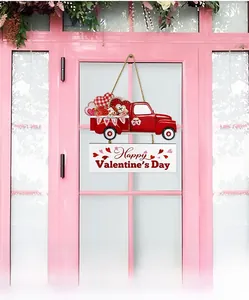 Close-up of vintage red truck wooden door hanger with Happy Valentine's Day sign