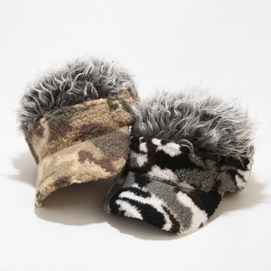 Camouflage wig baseball cap with faux fur trim and silver grey hair detail