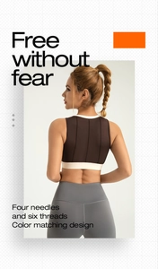 Detailed back view of sports bra showing high-strength four-needle six-thread stitching