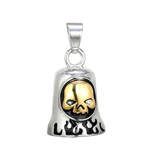 Vintage Skull Bell Pendant Necklace Stainless Steel Flame Pattern Gothic Punk Hip Hop Biker Jewelry