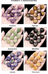 Detailed close-up of six natural crystal stones with golden planetary symbols engraved