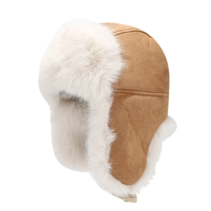 Winter faux fur leopard aviator hat with warm suede exterior and ear flaps in camel