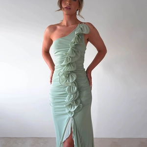 Robe Maxi Épaule Asymétrique Froncée Volants Mesh Polyester Fente Latérale Sexy Fête Soirée Moulante Robe Pour Femmes