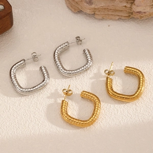 Geometric C Shaped Earrings Stainless Steel 304 Gold Plated Textured Pattern Retro Minimalist Style For Women Waterproof