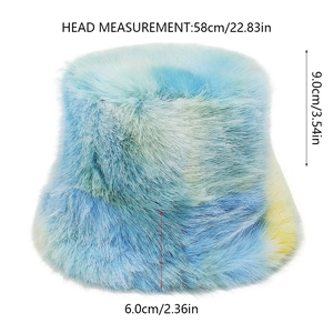 Detailed size guide of tie-dye faux fur bucket hat with dimensions and head circumference