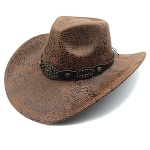 Brown snakeskin pattern cowboy hat with wide brim and bull head vintage leather band decoration