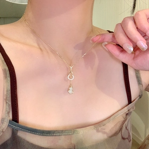 Collier Pendentif Double Gourde En Cuivre Zircon Incrustation De Faux Jade Blanc Chaîne De Clavicule Délicate Bijoux Pour Femmes