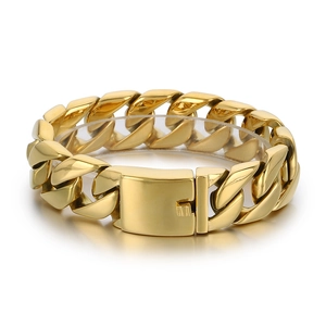Polished 20mm gold stainless steel Cuban link bracelet for men with secure box clasp closure