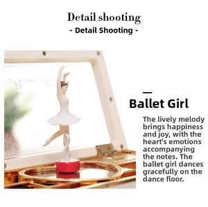 Detail of rotating ballerina model on golden base inside the musical jewelry box