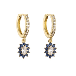 Detailed view of floral huggie earrings with marquise-cut center and blue pavé stones