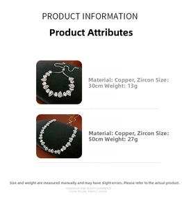 Detailed specs for zircon teardrop necklace and bracelet set in copper material