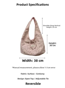 Detailed size specifications for a corduroy reversible tote bag with measurements