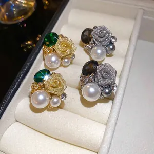 Boucles D'oreilles Rose Vintage Avec 925 Sterling Silver Earring Post Alliage Strass Künstliche Perle Artificielle Style