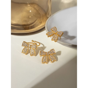 18k gold-plated stainless steel bow jewelry set with sparkling crystals for women