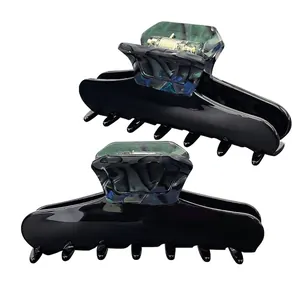 Elegant Acetate Hair Claw Clip With Steel Spring For Women Black Marble Pattern Shark Clip Luxury Hair Accessories Party