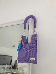 Purple hollow-out knitted handbag with acrylic chain and colorful knot ornament