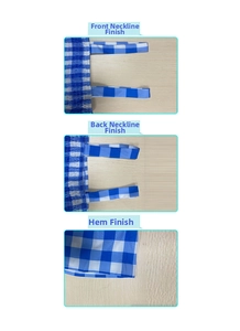 Detailed sewing of front neckline, back neckline and hem on blue gingham dress