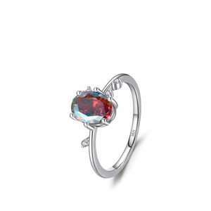S925 sterling silver ring featuring a large oval colorful zircon stone on white background