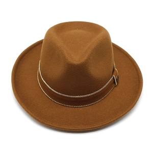 Detail view of brown wool felt fedora featuring elegant double gold chain decoration