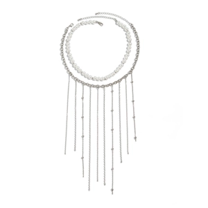 Double-layered necklace set featuring imitation pearls and long silver fringe tassels