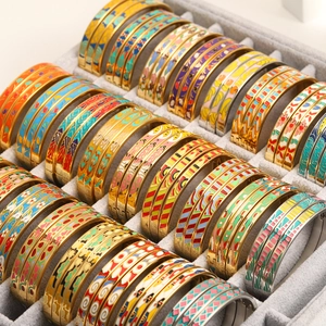 Vintage Stainless Steel Enamel Painted Bangle Retro Floral Geometric Pattern Cuff Bracelet For Women Ethnic Fashion Jewelry