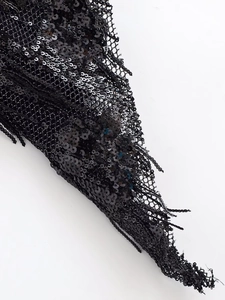 Gros plan sur le tissu à paillettes noires avec base en mesh montrant la texture