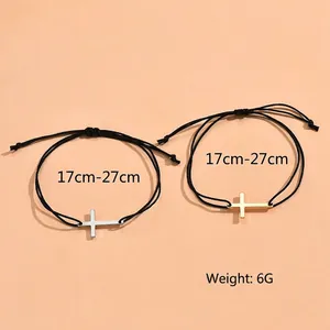 Minimalist adjustable cross charm bracelets with black woven rope for couples set