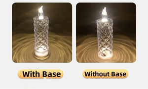 Detail view of crystal texture LED candles in warm yellow with and without base options