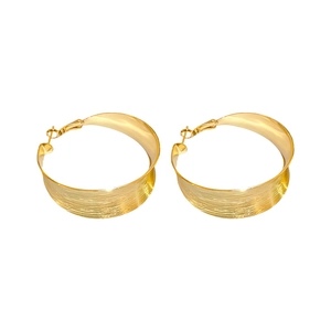 Golden wide hoop earrings with brushed metal texture and geometric C-shape design