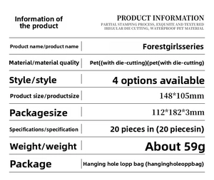 Detailed specification sheet for PET forest girl stickers with dimensions and material info