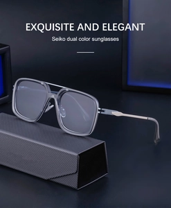 Detailed shot of dual-color square sunglasses with a foldable triangle storage case