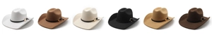 Flat lay view of Western cowboy hats in six classic colors with decorative leather bands
