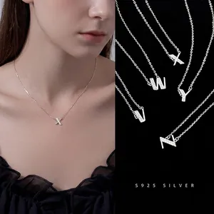 925 Sterling Silver Letter Necklace For Women Tiny Initial Pendant Necklace With Rhinestones Name Style Neckline Fashion Jewelry Gift