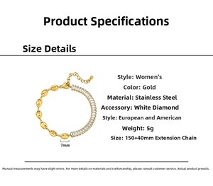 Spécifications de taille du bracelet doré en acier inoxydable et strass, 150+40mm