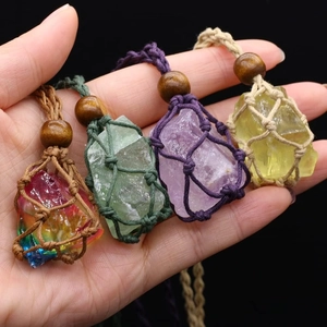 Adjustable hand-woven mesh bag necklace with colorful natural raw crystal pendants