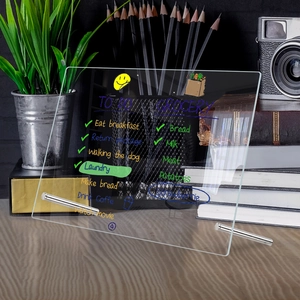 Detailed macro view of acrylic desktop weekly planner with writing on a desk